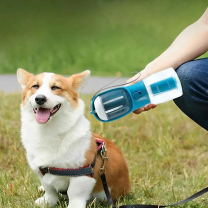 FurGo Multi-Cup Overview: 1. 3-in-1 Design: This pet water bottle features a built-in 300ml water, 100g food container, and waste bag compartment, providing all-in-one convenience for pet owners on the go. 2. Built-in Filtration System: The water dispense