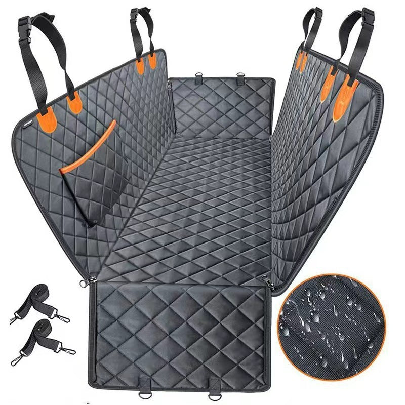 PetShield Car Mat Product information: Color: Orange with pocket, all black with pocket Specification: 137 * 147CM Material: cloth Applicable object: Dog Size: Packing list: Pet cloth car mat * 1 Product Image: Backseat Barriers