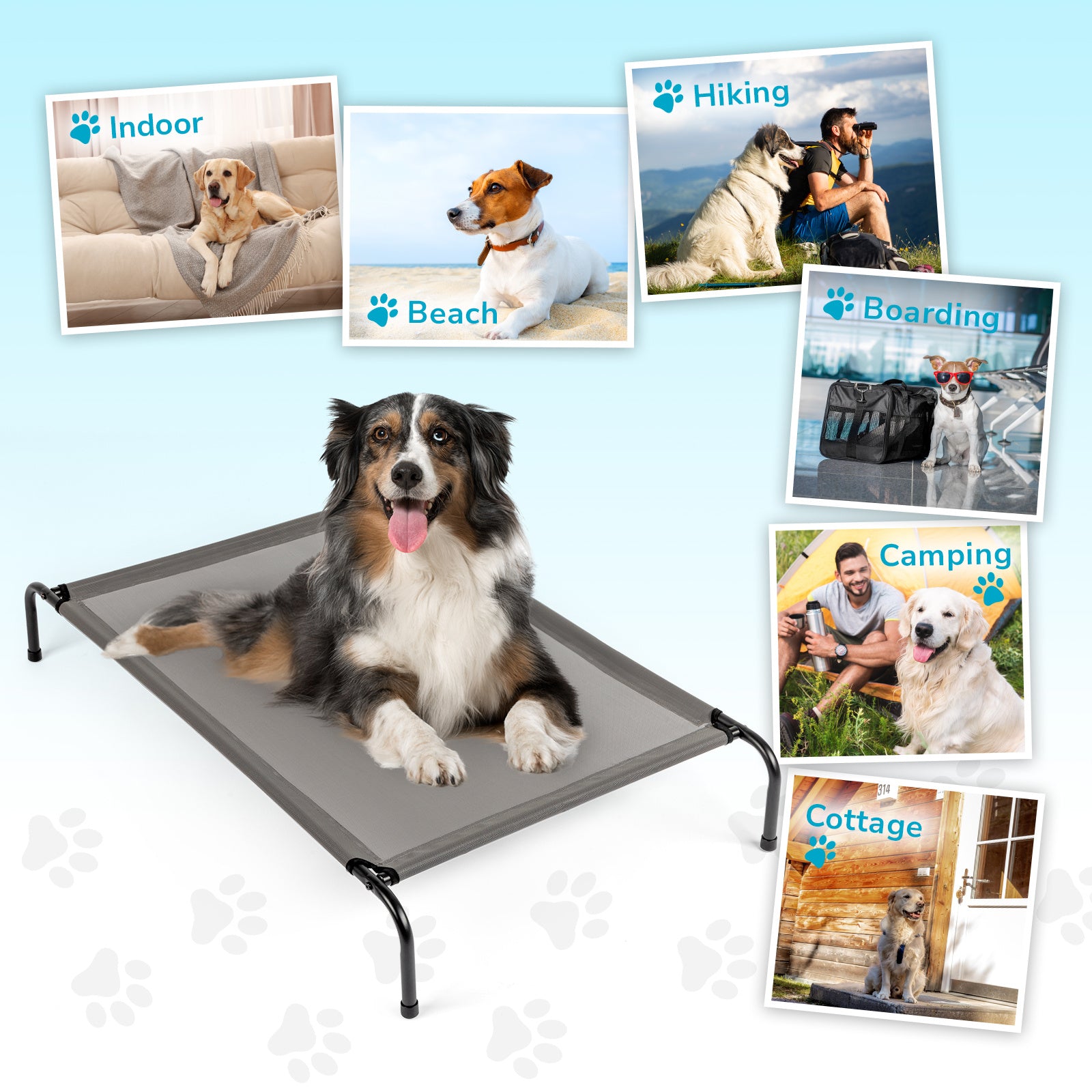 BreezeRest™ – Cooling Kennel for Small to Large Pets Introductions: Comfortable pet bed. Elevated Dog Bed lifts your doggy pal off wet, muddy grass to keep him clean and cool, especially on rainy or hot days as it can elevate pets more than 8 inches off t