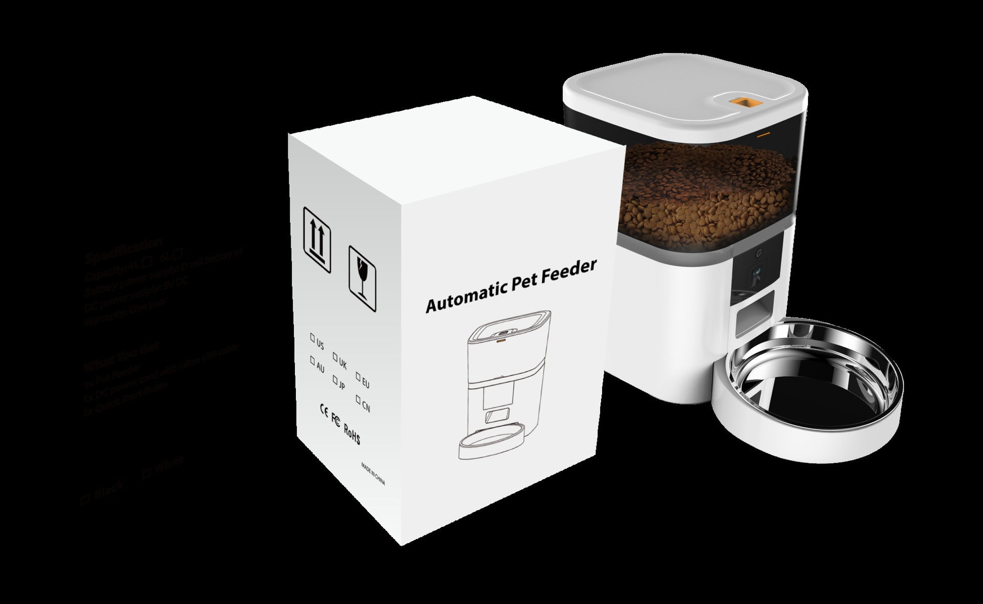 FeedView – Smart Feeder with HD Pet Cam Product information: Color: white 4L, white 6L, black 4L, black 6L Specification: black transparent barrel Applicable objects: dogs and cats Dimensions: 28 * 19.3 * 21cm/4L, 33 * 19.3 * 21/6L Packing list: Feeder *