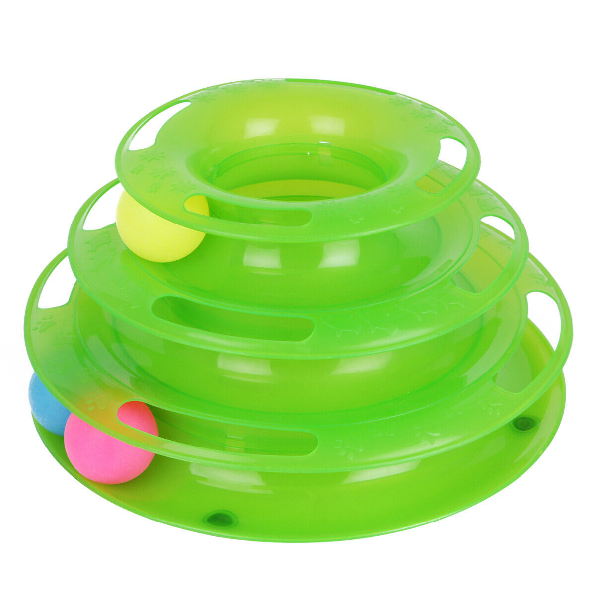 TurboTower™ Features Stacked play station perfect for one or more cats Sturdy construction stands up to vigorous play Three levers for an exciting fun Balls spin and roll to excite kitty's desire to play Non-skid pads at the bottom Come with three colorfu