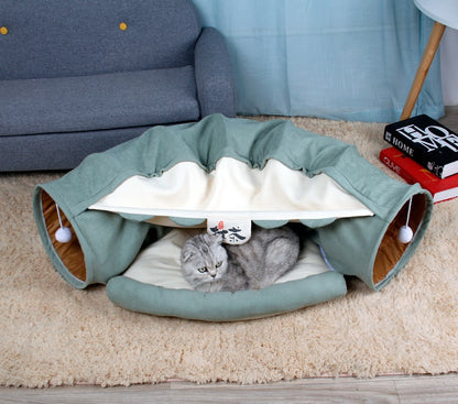 BunnyMaze – Foldable Pet Tunnel & Cozy Bed Combo Overview 1. High-quality material: Polyester keeps your cat comfortable and durable. 2.Collapsible: Easily folded up and can carry to outside. 3.With a mat for the cat to sleep. Specification Name of Produc