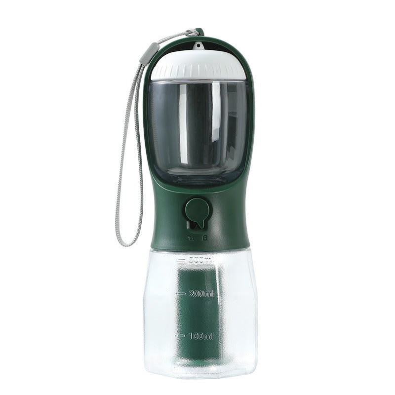 FurGo Multi-Cup Overview: 1. 3-in-1 Design: This pet water bottle features a built-in 300ml water, 100g food container, and waste bag compartment, providing all-in-one convenience for pet owners on the go. 2. Built-in Filtration System: The water dispense
