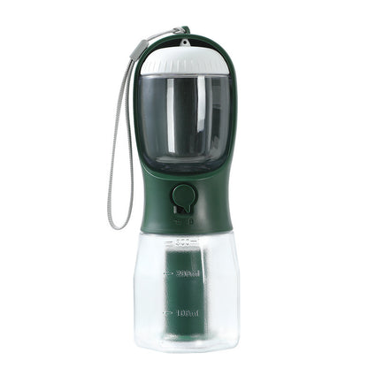 FurGo Multi-Cup Overview: 1. 3-in-1 Design: This pet water bottle features a built-in 300ml water, 100g food container, and waste bag compartment, providing all-in-one convenience for pet owners on the go. 2. Built-in Filtration System: The water dispense