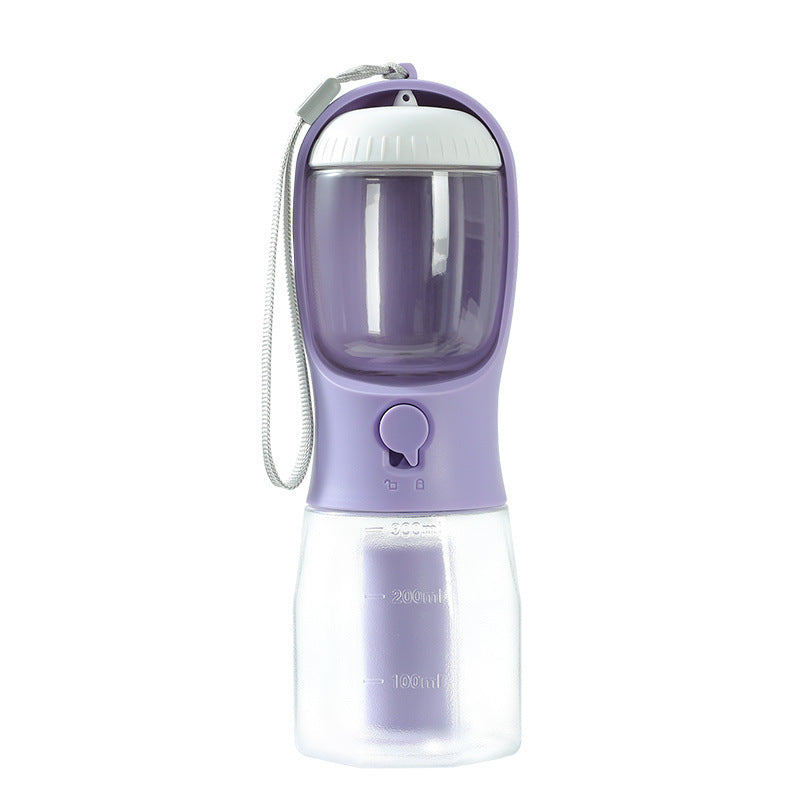 FurGo Multi-Cup Overview: 1. 3-in-1 Design: This pet water bottle features a built-in 300ml water, 100g food container, and waste bag compartment, providing all-in-one convenience for pet owners on the go. 2. Built-in Filtration System: The water dispense