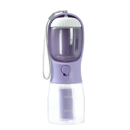 FurGo Multi-Cup Overview: 1. 3-in-1 Design: This pet water bottle features a built-in 300ml water, 100g food container, and waste bag compartment, providing all-in-one convenience for pet owners on the go. 2. Built-in Filtration System: The water dispense