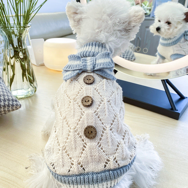 Cute Pet Sweater – Hollow Knit with Bow for Small Dogs & Cats Overview: 1. Winter Essential: This dog sweater is made of warm and comfortable knitted fabric, brings the warmth to your pet, no longer afraid of cold. 2. Popular Pattern: Designed with lattic
