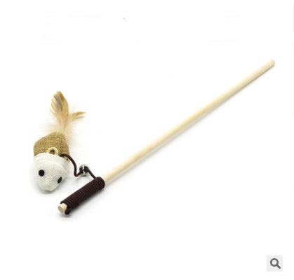 Handmade Wooden Cat Teaser – Fun Stick & Mouse Toy Product name: Solid wood funny cat stick toy Product material: solid wood hemp feather rope bell Feathers & Teasers