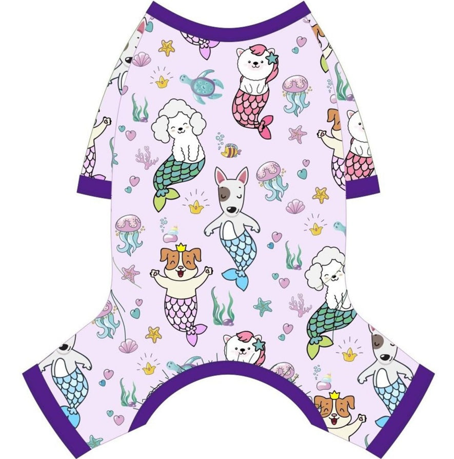 PawJamas™ Mermaid Edition MADE FOR FALL SPRING & SUMMWER: Our pet pajamas crafted in poly-cotton blend. The fabric of these puppy clothes is SOFT, STRETCHY and BREATHABLE. The dog pajamas is warm enough for all-day wear, sleep time. Your fur baby will be