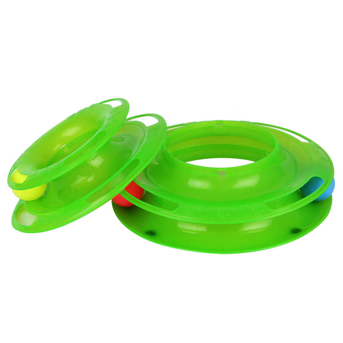TurboTower™ Features Stacked play station perfect for one or more cats Sturdy construction stands up to vigorous play Three levers for an exciting fun Balls spin and roll to excite kitty's desire to play Non-skid pads at the bottom Come with three colorfu