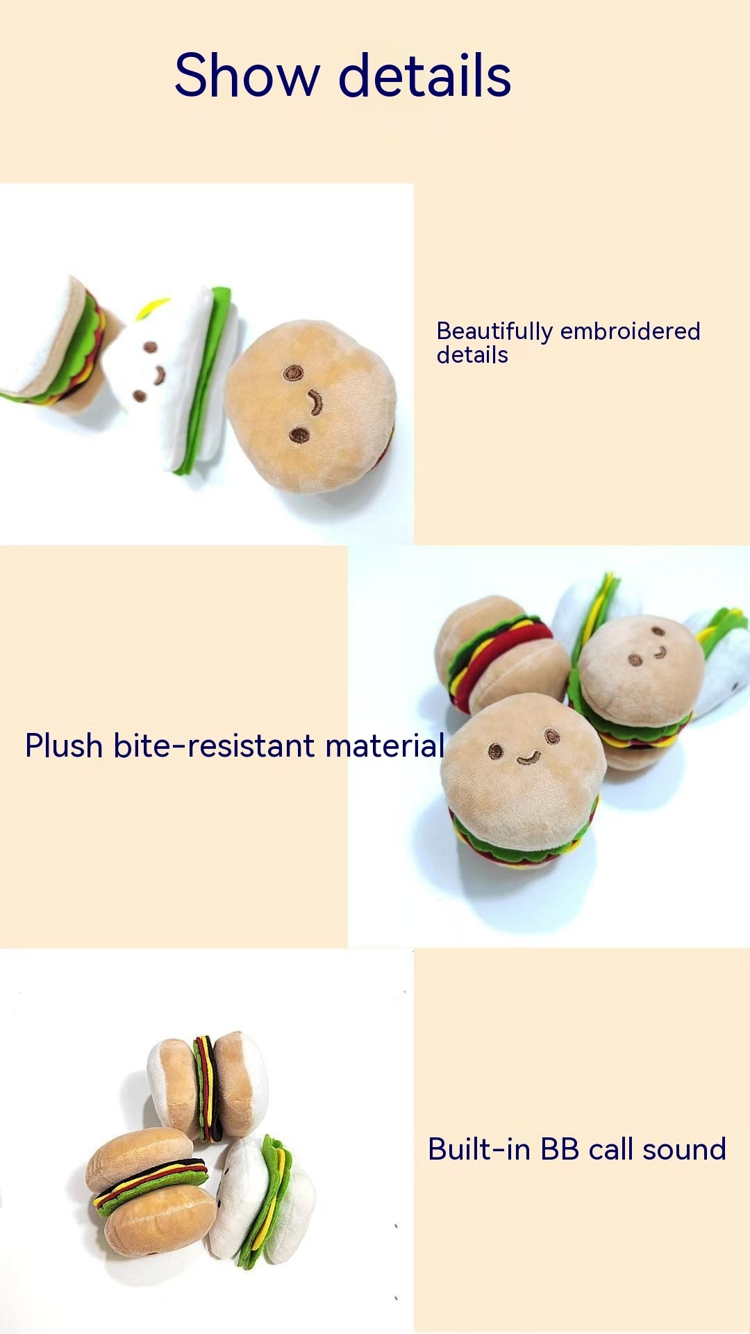 Squeaky Hamburger Toy – Fun Stress Relief for Pets Product information: Color: Hamburger, sandwich, rice ball Material: Plush Category: Pet Toys Product Name: Pet sounding toy Product size: 7*7 * 8CM (hamburger). 10*6 * 5C M (rice balls)7*7 * 7C M (sandwi