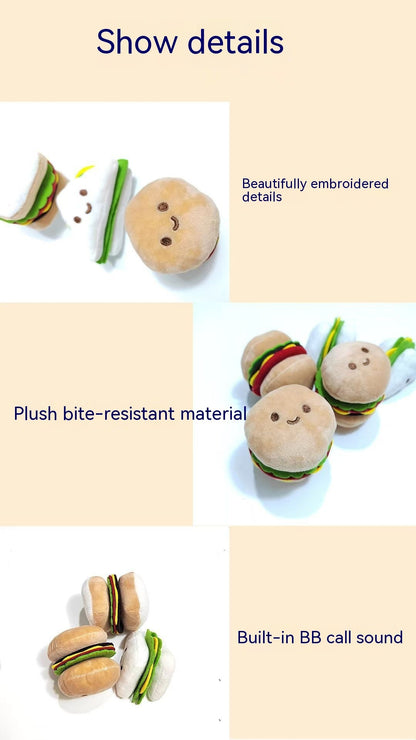 Squeaky Hamburger Toy – Fun Stress Relief for Pets Product information: Color: Hamburger, sandwich, rice ball Material: Plush Category: Pet Toys Product Name: Pet sounding toy Product size: 7*7 * 8CM (hamburger). 10*6 * 5C M (rice balls)7*7 * 7C M (sandwi