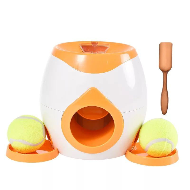 PlaySnack Overview: 1. This is a good helper to train your dogs. --Training your dog to put the ball into the machine --Wait for the ball roll out along the track (Please note the ball does not fly out by being launched) 2. The snack will also roll out al