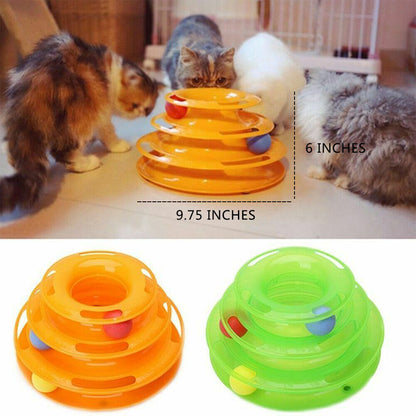 TurboTower™ Features Stacked play station perfect for one or more cats Sturdy construction stands up to vigorous play Three levers for an exciting fun Balls spin and roll to excite kitty's desire to play Non-skid pads at the bottom Come with three colorfu