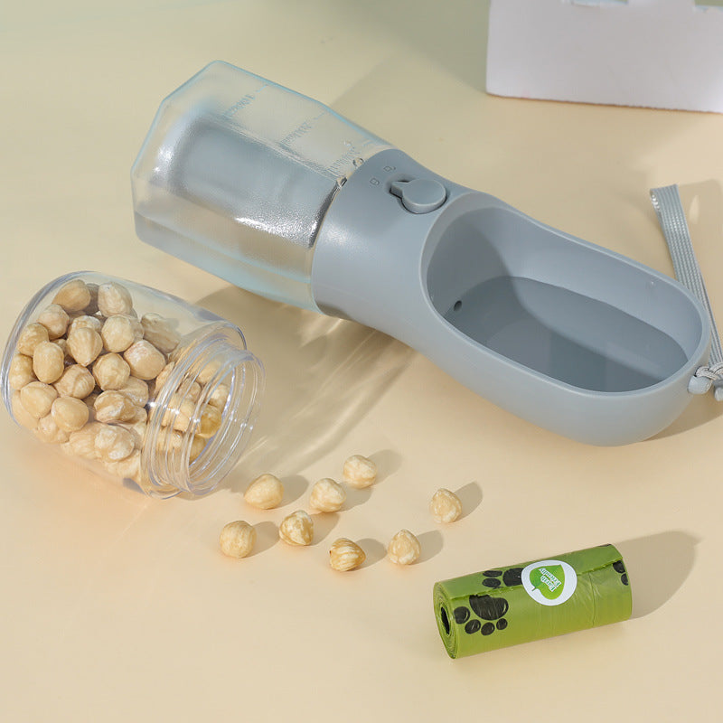 FurGo Multi-Cup Overview: 1. 3-in-1 Design: This pet water bottle features a built-in 300ml water, 100g food container, and waste bag compartment, providing all-in-one convenience for pet owners on the go. 2. Built-in Filtration System: The water dispense