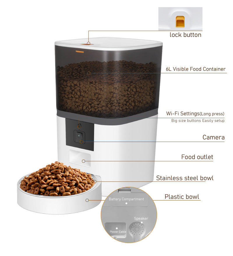 FeedView – Smart Feeder with HD Pet Cam Product information: Color: white 4L, white 6L, black 4L, black 6L Specification: black transparent barrel Applicable objects: dogs and cats Dimensions: 28 * 19.3 * 21cm/4L, 33 * 19.3 * 21/6L Packing list: Feeder *