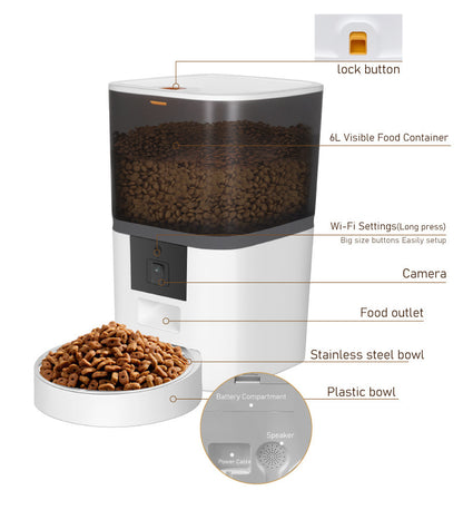 FeedView – Smart Feeder with HD Pet Cam Product information: Color: white 4L, white 6L, black 4L, black 6L Specification: black transparent barrel Applicable objects: dogs and cats Dimensions: 28 * 19.3 * 21cm/4L, 33 * 19.3 * 21/6L Packing list: Feeder *