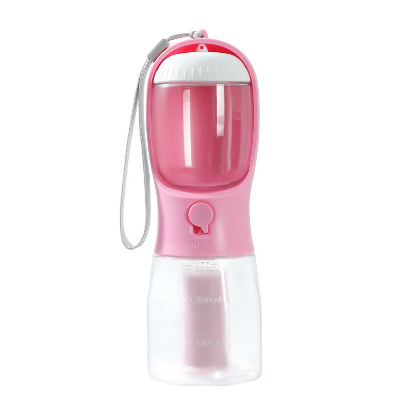 FurGo Multi-Cup Overview: 1. 3-in-1 Design: This pet water bottle features a built-in 300ml water, 100g food container, and waste bag compartment, providing all-in-one convenience for pet owners on the go. 2. Built-in Filtration System: The water dispense