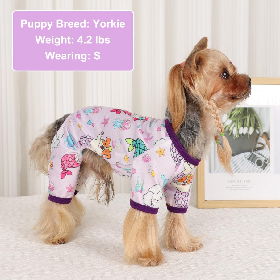 PawJamas™ Mermaid Edition MADE FOR FALL SPRING & SUMMWER: Our pet pajamas crafted in poly-cotton blend. The fabric of these puppy clothes is SOFT, STRETCHY and BREATHABLE. The dog pajamas is warm enough for all-day wear, sleep time. Your fur baby will be
