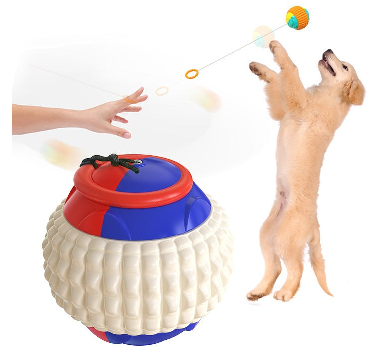 TugToss™ Overview 1. This is a pet toy that interacts with the main pet and integrates multiple functions such as automatic telescopic hand throwing ball, pet yo-yo, molar ball and so on. This toy can bring more fun to the dog. 2. The hand throwing ball h