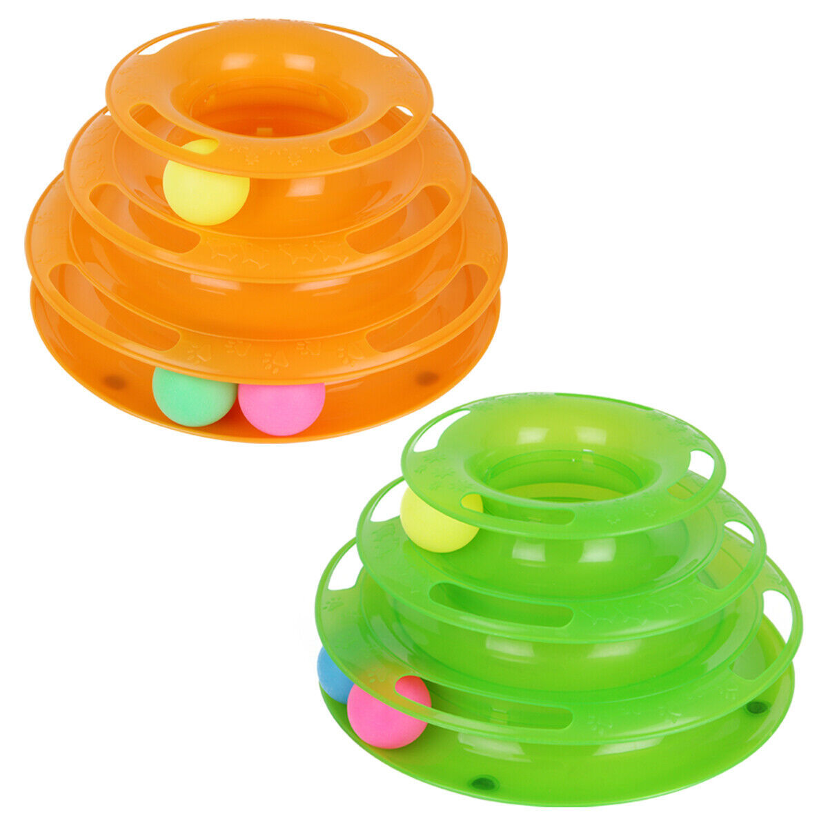 TurboTower™ Features Stacked play station perfect for one or more cats Sturdy construction stands up to vigorous play Three levers for an exciting fun Balls spin and roll to excite kitty's desire to play Non-skid pads at the bottom Come with three colorfu