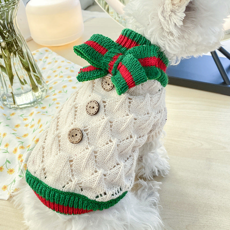 Cute Pet Sweater – Hollow Knit with Bow for Small Dogs & Cats Overview: 1. Winter Essential: This dog sweater is made of warm and comfortable knitted fabric, brings the warmth to your pet, no longer afraid of cold. 2. Popular Pattern: Designed with lattic