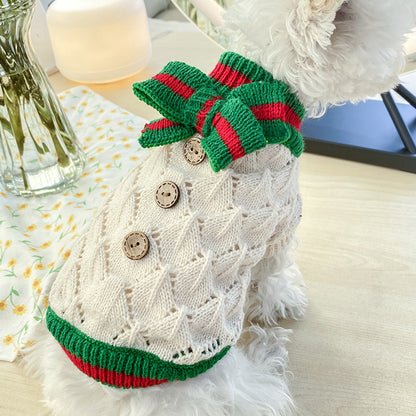Cute Pet Sweater – Hollow Knit with Bow for Small Dogs & Cats Overview: 1. Winter Essential: This dog sweater is made of warm and comfortable knitted fabric, brings the warmth to your pet, no longer afraid of cold. 2. Popular Pattern: Designed with lattic