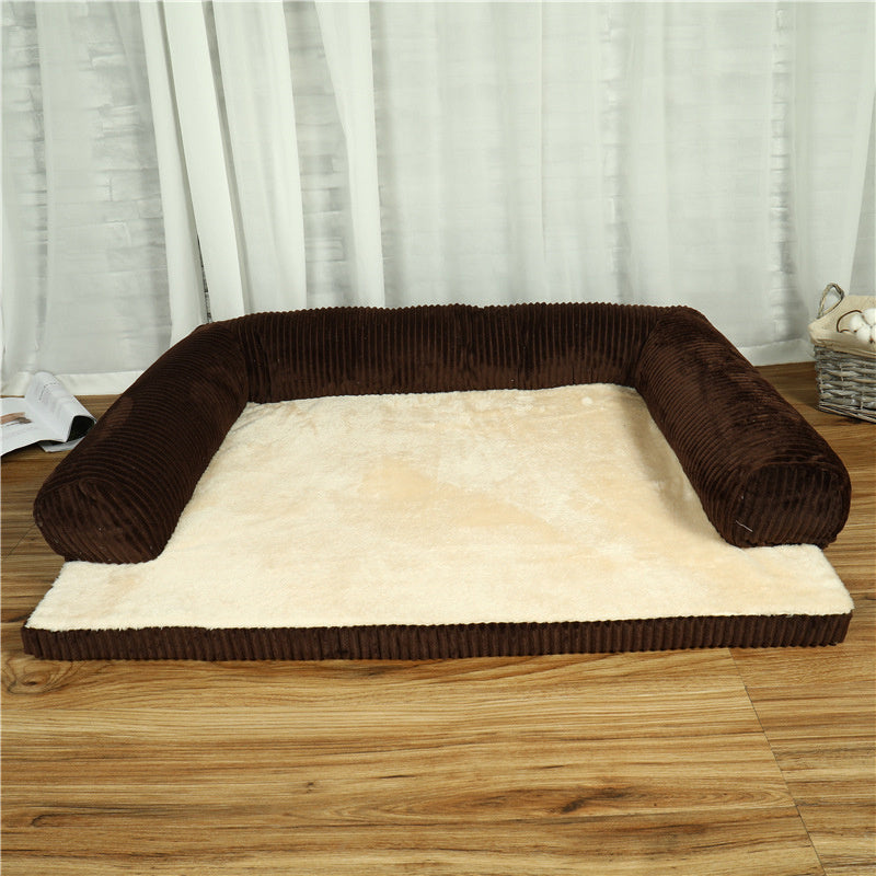 FlexiRest™ Pet Bed Product Name: Corduroy Pet Sofa Material: high-quality corduroy + non-slip cloth padding: high-density sponge Specifications: S ---- 55 * 45 * 13cm Recommended for pets under 8 kg M --- 70 * 55 * 15cm Recommended for pets under 25 kg L-