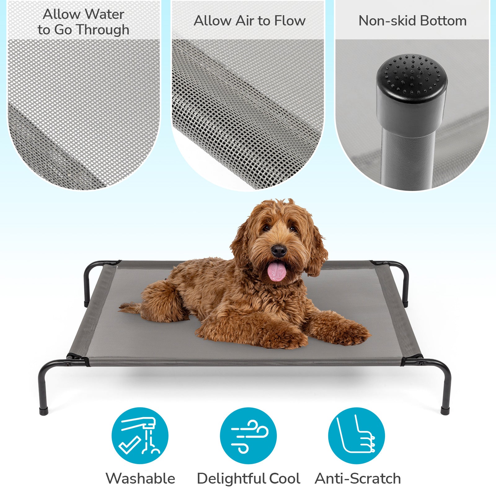 BreezeRest™ – Cooling Kennel for Small to Large Pets Introductions: Comfortable pet bed. Elevated Dog Bed lifts your doggy pal off wet, muddy grass to keep him clean and cool, especially on rainy or hot days as it can elevate pets more than 8 inches off t