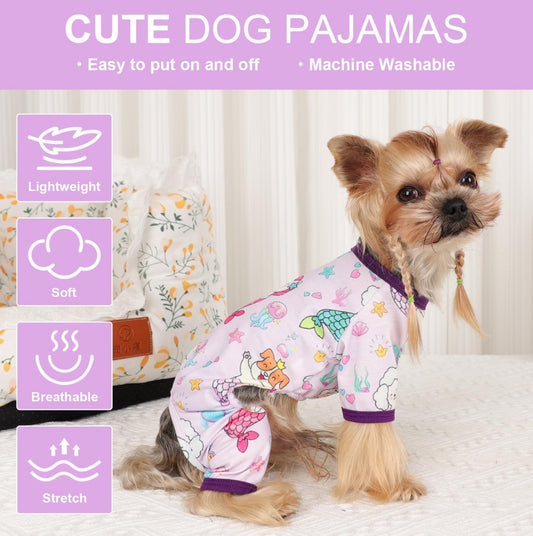 PawJamas™ Mermaid Edition MADE FOR FALL SPRING & SUMMWER: Our pet pajamas crafted in poly-cotton blend. The fabric of these puppy clothes is SOFT, STRETCHY and BREATHABLE. The dog pajamas is warm enough for all-day wear, sleep time. Your fur baby will be