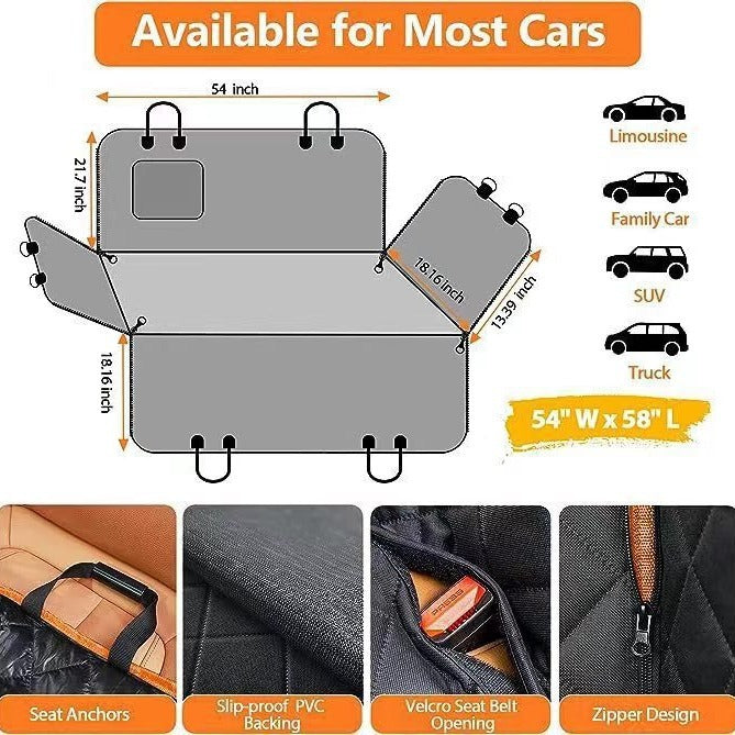 PetShield Car Mat Product information: Color: Orange with pocket, all black with pocket Specification: 137 * 147CM Material: cloth Applicable object: Dog Size: Packing list: Pet cloth car mat * 1 Product Image: Backseat Barriers