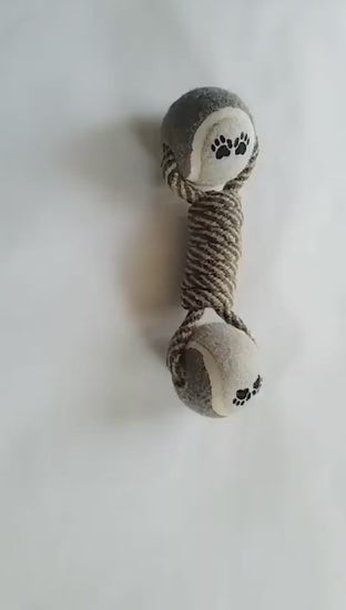 TugTennis™ Product Information: Product Name: Tennis cotton rope dumbbell toys Product Category: Knot toys Product specifications: Ball diameter 6.5cm, total length 25cm, error 1cm, Product weight: 200g Material: cotton and linen rope, elastic rubber ball