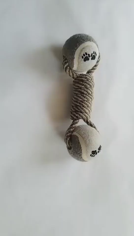 TugTennis™ Product Information: Product Name: Tennis cotton rope dumbbell toys Product Category: Knot toys Product specifications: Ball diameter 6.5cm, total length 25cm, error 1cm, Product weight: 200g Material: cotton and linen rope, elastic rubber ball