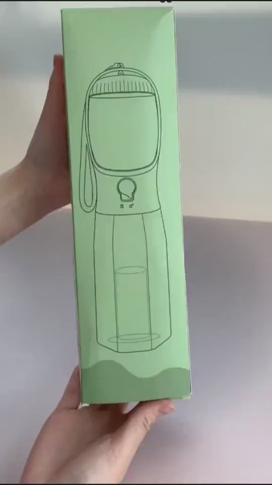 FurGo Multi-Cup Overview: 1. 3-in-1 Design: This pet water bottle features a built-in 300ml water, 100g food container, and waste bag compartment, providing all-in-one convenience for pet owners on the go. 2. Built-in Filtration System: The water dispense