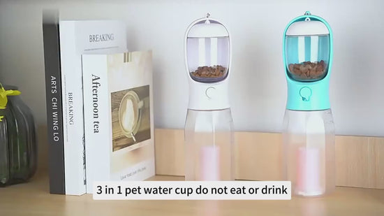 FurGo Multi-Cup Overview: 1. 3-in-1 Design: This pet water bottle features a built-in 300ml water, 100g food container, and waste bag compartment, providing all-in-one convenience for pet owners on the go. 2. Built-in Filtration System: The water dispense